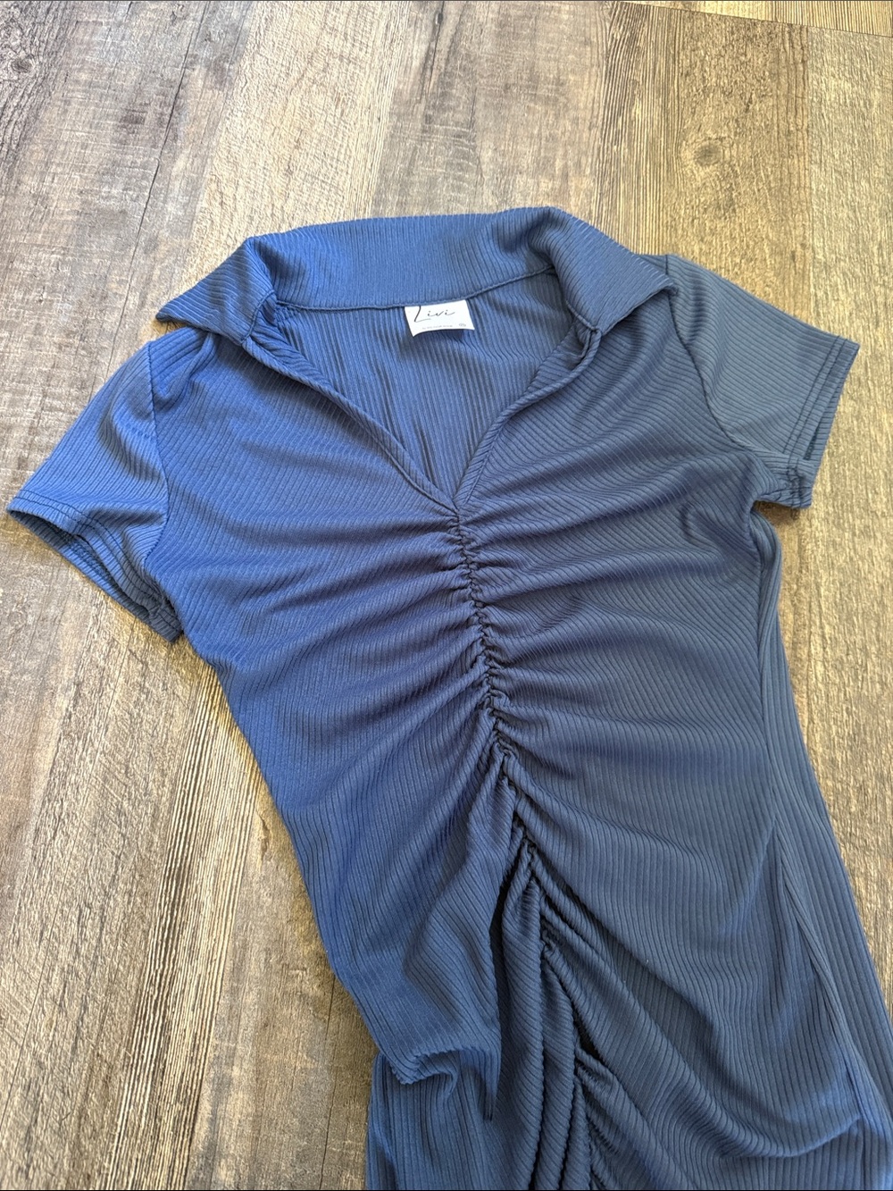 Ruched Collared Ribbed Dress- Blue - Picture 2 of 5